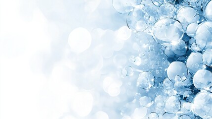   A close-up of a group of bubbles against a blue and white backdrop, with a hazy, diffused light surrounding them