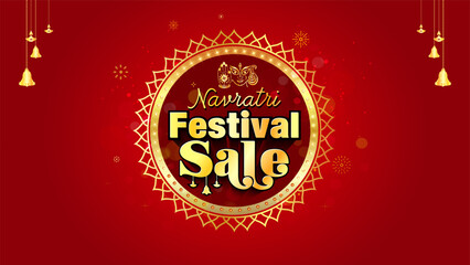 Sticker - Navratri festive sale logo design with golden vintage ornament frame on red sparkle background.