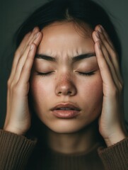 Poster - A young woman with closed eyes demonstrates feelings of anxiety and stress while holding her head with her hands in a calm space. Generative AI