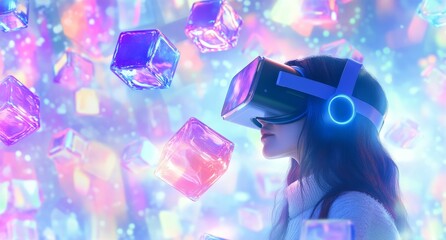 Poster - An abstract digital world surrounds a VR wearer with glowing shapes and holographic elements