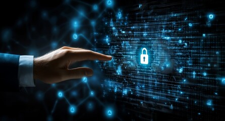 Poster - In dark blue color tone, businessman touches digital document management system icon on virtual screen, background with network of documents and data flow diagram. Technology concept Stock Photo