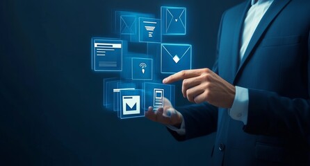 Poster - Businessman touching a digital file system icon against a blue background on a virtual screen containing a data flow diagram and document icons