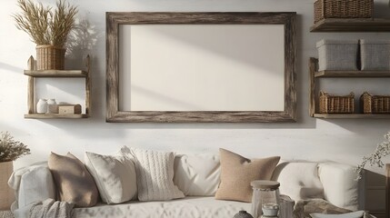 A 3D rendered mockup frame showcased in a farmhouse inspired living room setting featuring distressed wooden frame cozy textiles and rustic farmhouse style shelving in a neutral color palette