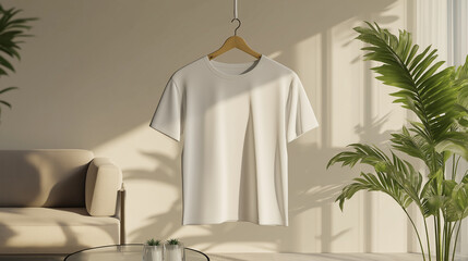 White t shirt hanging on wooden hanger in minimalist interior design