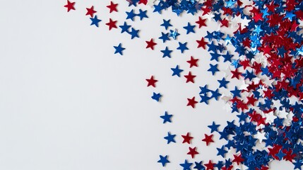 Right side of the frame has red, white, and blue stars and stripes against a white background, with a 4th of July backdrop design Stock