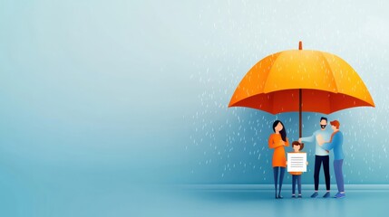 A family standing under a large, protective umbrella with a life insurance policy printed on it, life uncertainties, showing how life insurance provides protection against the unexpected