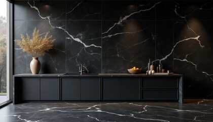 Wall Mural - Modern elegance  A sleek kitchen counter with a striking marble backsplash