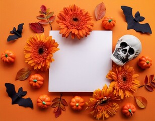 Happy halloween flat lay mockup with autumn flowers, leaves and skull on orange background. Fall holiday concept composition. Top view with copy space. Generated AI.