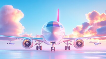 Poster - A stylized airplane facing forward against a colorful sky with clouds.