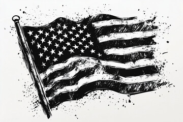 Black and white ink drawing of USA flag