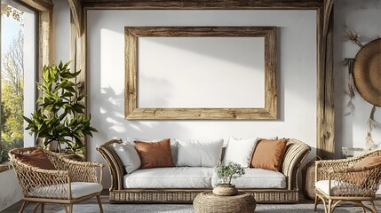 A cozy and inviting farmhouse inspired living room showcases a rustic wooden frame complemented by exposed beams woven accents and a warm color palette creating a charming and modern interior design