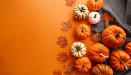 Wall Mural - Happy halloween flat lay mockup with pumpkins on orange background. Autumn holiday concept composition. Top view with copy space. Generated ai.