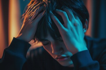 Leinwandbilder - A young adult sits in a dim room, eyes closed and hands on their head, conveying feelings of stress and anxiety in the evening. Generative AI