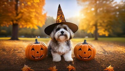 Wall Mural - Havanese dog in a halloween black witch hat with jack o lantern pumpkins sitting in an autumn park