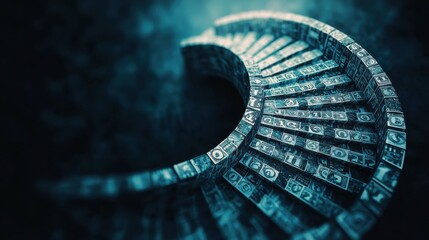 Poster - A spiral staircase made of currency symbols, descending into darkness