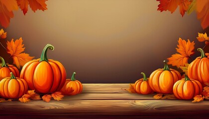 Wall Mural - orange pumpkins on a wooden table, Thanksgiving illustration with free space for text