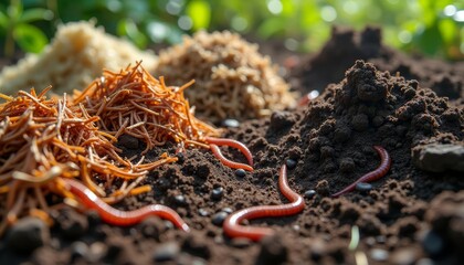 Poster - Vibrant earthworms amidst organic matter in a garden bed