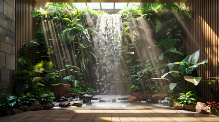 Luxurious waterfall garden inside the house,16K,photostock style