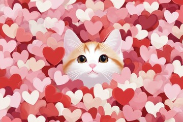 Stock illustration in kawaii style with pink and white hearts and cute faces