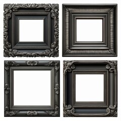 Wall Mural - Set of antique baroque black wooden rectangular picture frames isolated on white background. Decorative elegant luxury frame design, rococo style. cutout.