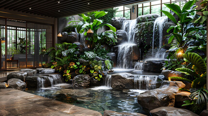 Luxurious waterfall garden inside the house,16K,photostock style