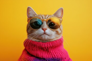 A stylish cat poses confidently in trendy sunglasses against a vibrant, colorful background that highlights its fashionable flair.