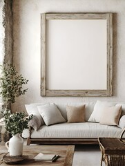 Wall Mural - Authentic Farmhouse Style Living Room Mockup with Chunky Reclaimed Wood Frame  Weathered detailing muted earthy palette and vintage inspired furnishings create a cozy rustic atmosphere