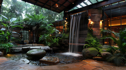 Luxurious waterfall garden inside the house,16K,photostock style