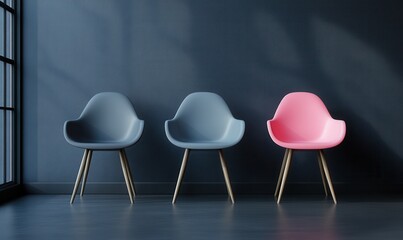 A row of modern 3D chairs displaying a striking contrast, featuring three grey chairs with one vibrant pink chair against a dark grey background.