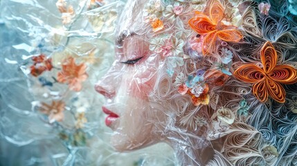 human face, profile, intricate origami flowers, detailed quilling paper, translucent plastic wrap