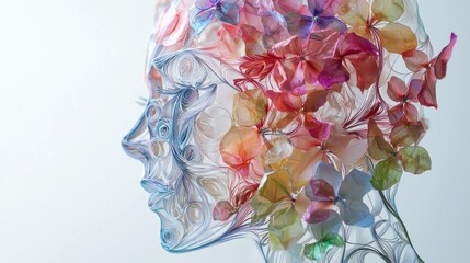 human face, profile, intricate origami flowers, detailed quilling paper, translucent plastic wrap