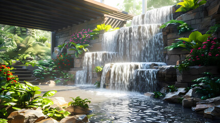 Luxurious waterfall garden inside the house,16K,photostock style