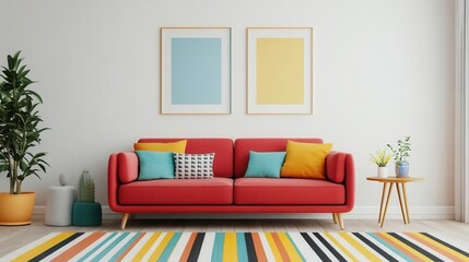 Bright and cheerful living room with colorful decor, playful accents, 3D illustration