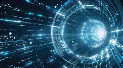 Poster - Dynamic abstract blue glowing neon laser tunnel with futuristic energy lines and flying shards of particles, representing cutting-edge technology, innovation, high-tech advancement in a digital space