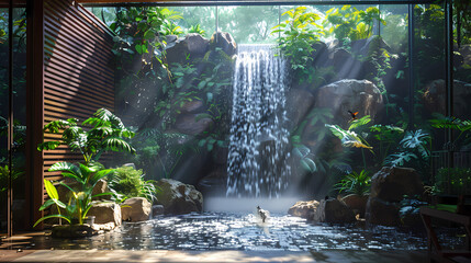 Luxurious waterfall garden inside the house,16K,photostock style