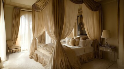 Poster - Luxurious Bedroom with Canopy Bed and Golden Curtains