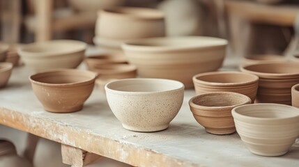 Crafted pottery, still life of handmade pottery and ceramic bowls, hobby and leisure concept