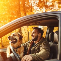 Wall Mural - Young man driving vehicle autumn.