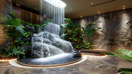 Luxurious waterfall garden inside the house,16K,photostock style