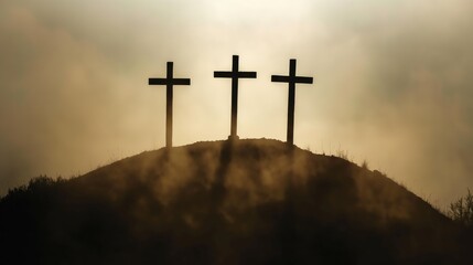 Three crosses on a hill in misty landscape. Symbolic representation of crucifixion and sacrifice. Sun rises behind the crosses, casting a golden light.