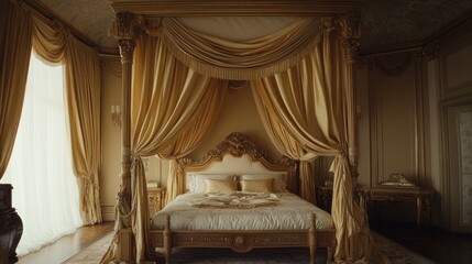 Wall Mural - Golden Canopy Bed in Luxurious Bedroom