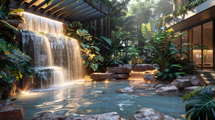 Luxurious waterfall garden inside the house,16K,photostock style