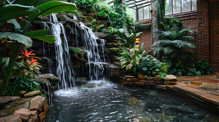 Luxurious waterfall garden inside the house,16K,photostock style