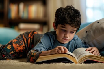 Young African American boy sitting on floor reading book in casual attire surrounded by warm light. Cheerful expression on his face as he enjoys learning experience.