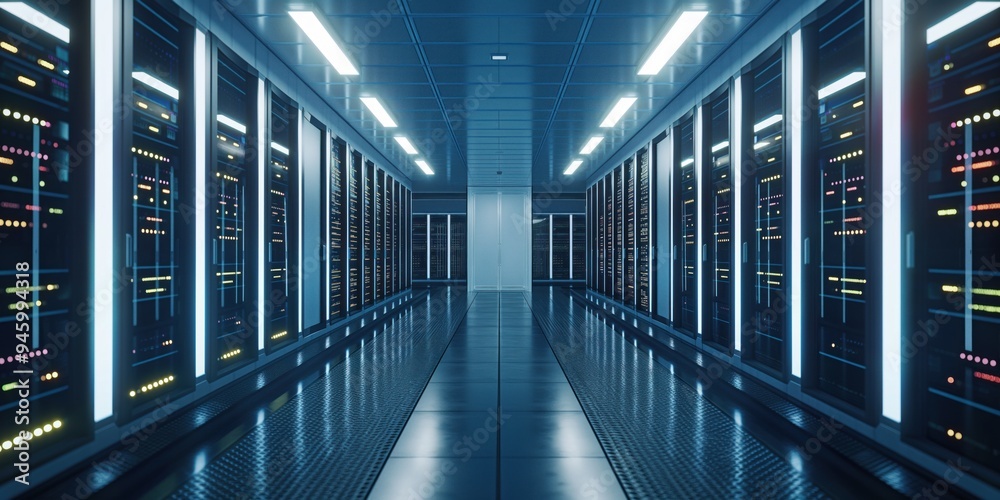 Data center infrastructure in a futuristic room with rows of server ...