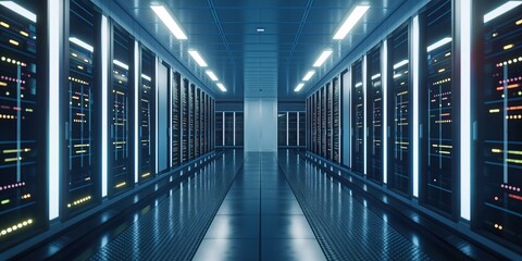 Poster - Data center infrastructure in a futuristic room with rows of server racks, backup systems, and network equipment for cloud storage and data processing.