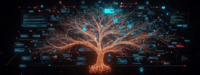 Poster - technological tree with roots in traditional tools and branches leading to advanced ai, iot, and clo