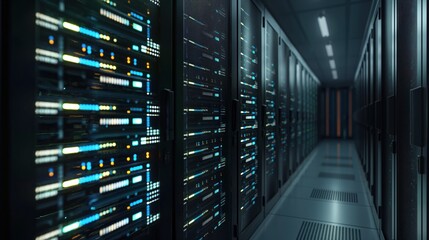 Poster - Dark servers in modern interior data center with connection, cyber network. Close-up of computer rack storage information, backup, mining, hosting, mainframe, cloud system. 3D rendering of cyberspace