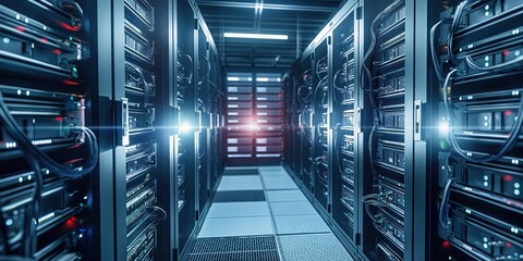 Fototapete - Modern data center with rows of server hardware equipment in a large room. The servers are arranged in racks with cables connecting them to switches and other infrastructure.