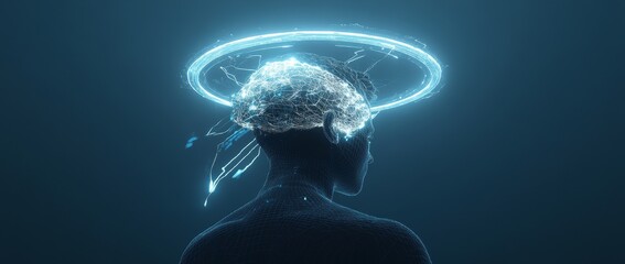 Poster - Flowing in the background is an array of data streams representing stock stock, represented by a blue digital brain with gears and cogs
